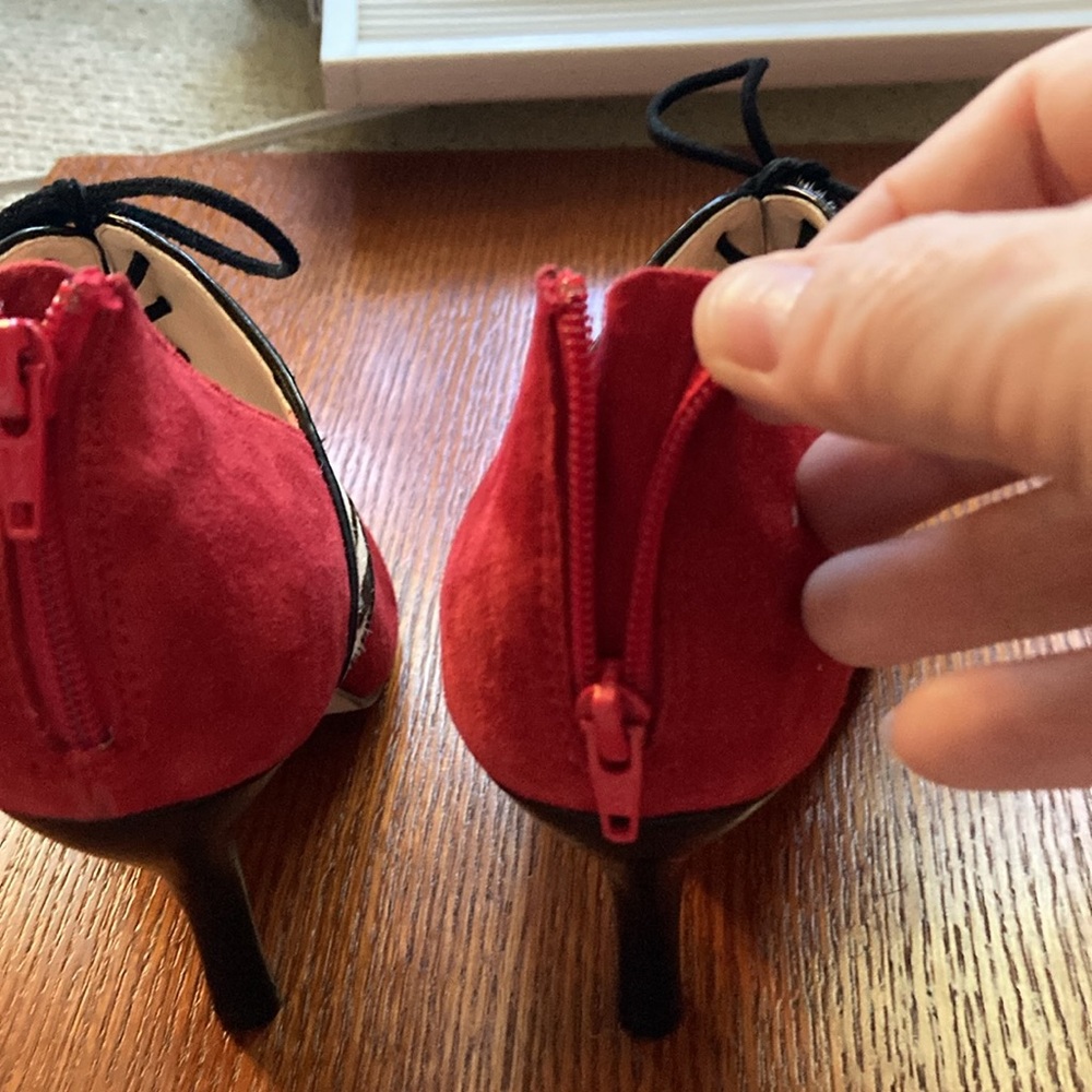 ISOLA Fire Red Suede Zebra Hair stilettos. Sexy and eye catching. Size 8 - Picture 4 of 9